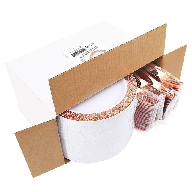 Alt view image 6 of 7 - WDF 200 Pieces Rose Gold Dessert Plates with Forks, 100Pcs Lace Design Cake Small Rose Gold Appetizer Plates 7.5" and 100 Pcs Forks 7.4" for Wedding/Party