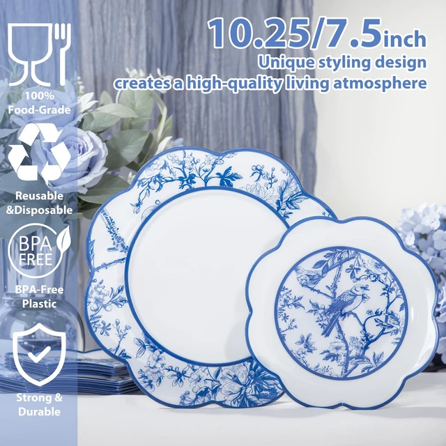 Alt view image 2 of 7 - 60 Pcs Blue Floral Plastic Disposable Plates Set for Party Wedding | Bule Floral Dinnerware Set for Tea Party - 10.25" Dinner & 7.5" Dessert Plate 30 Guests