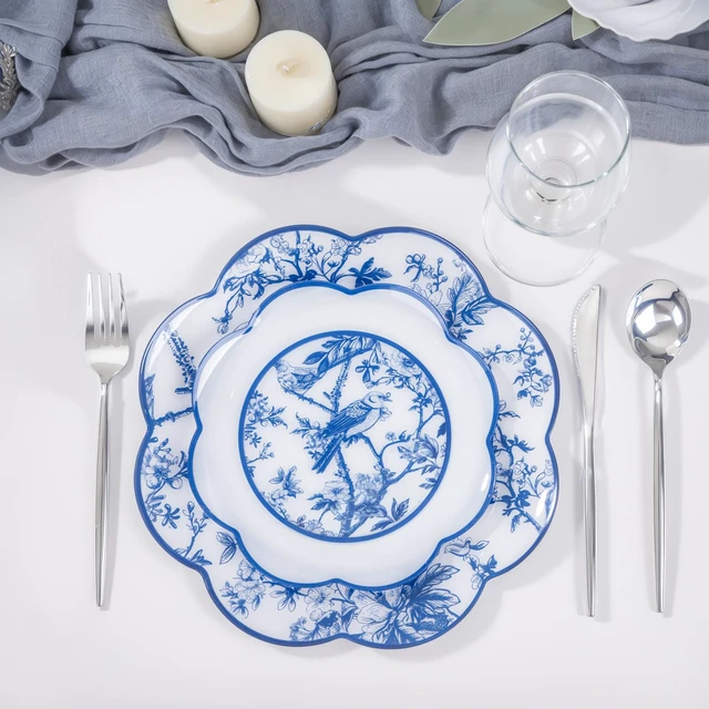 Alt view image 3 of 7 - 60 Pcs Blue Floral Plastic Disposable Plates Set for Party Wedding | Bule Floral Dinnerware Set for Tea Party - 10.25" Dinner & 7.5" Dessert Plate 30 Guests