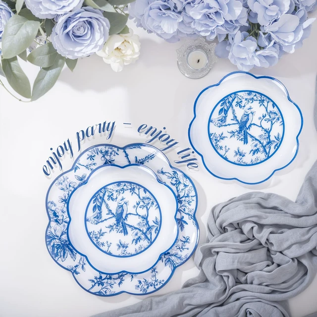 Alt view image 4 of 7 - 60 Pcs Blue Floral Plastic Disposable Plates Set for Party Wedding | Bule Floral Dinnerware Set for Tea Party - 10.25" Dinner & 7.5" Dessert Plate 30 Guests