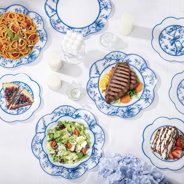 Alt view image 5 of 7 - 60 Pcs Blue Floral Plastic Disposable Plates Set for Party Wedding | Bule Floral Dinnerware Set for Tea Party - 10.25" Dinner & 7.5" Dessert Plate 30 Guests