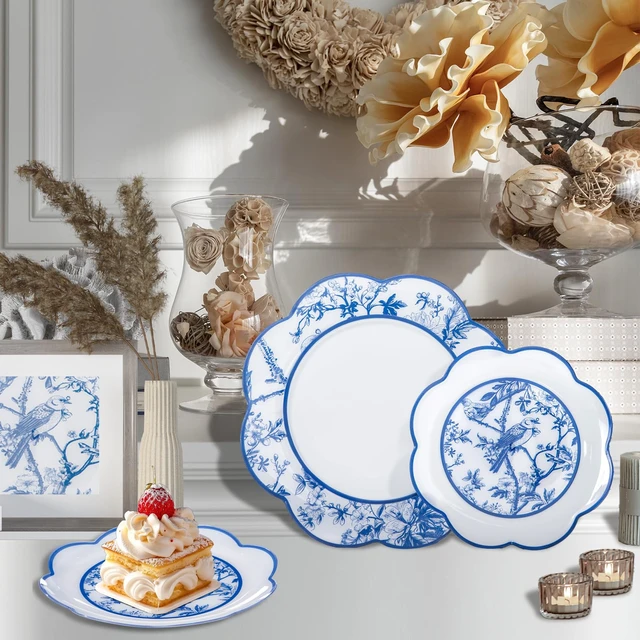 Alt view image 6 of 7 - 60 Pcs Blue Floral Plastic Disposable Plates Set for Party Wedding | Bule Floral Dinnerware Set for Tea Party - 10.25" Dinner & 7.5" Dessert Plate 30 Guests