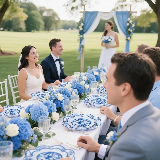 Alt view image 7 of 7 - 60 Pcs Blue Floral Plastic Disposable Plates Set for Party Wedding | Bule Floral Dinnerware Set for Tea Party - 10.25" Dinner & 7.5" Dessert Plate 30 Guests