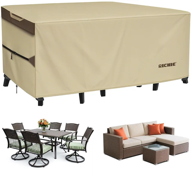 Main image of RICHIE Outdoor Patio Furniture Cover - Heavy Duty Waterproof 600D Tough Canvas Protector for Rectangular Table Cover, All-Season Dining Table and Chair Covers (72L x 44W x 28H Inch)