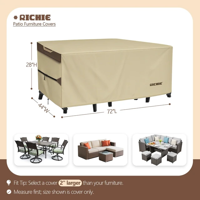 Alt view image 2 of 7 - RICHIE Outdoor Patio Furniture Cover - Heavy Duty Waterproof 600D Tough Canvas Protector for Rectangular Table Cover, All-Season Dining Table and Chair Covers (72L x 44W x 28H Inch)