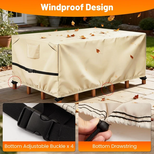 Alt view image 3 of 7 - POMER Rectangular Patio Furniture Covers,Outdoor Patio Table Cover Beige | 600D Heavy-Duty,Waterproof,Wind Resistant,All-Weather Protection,Table and Chairs Furniture Set Cover,112"L x 74"W x 32"H
