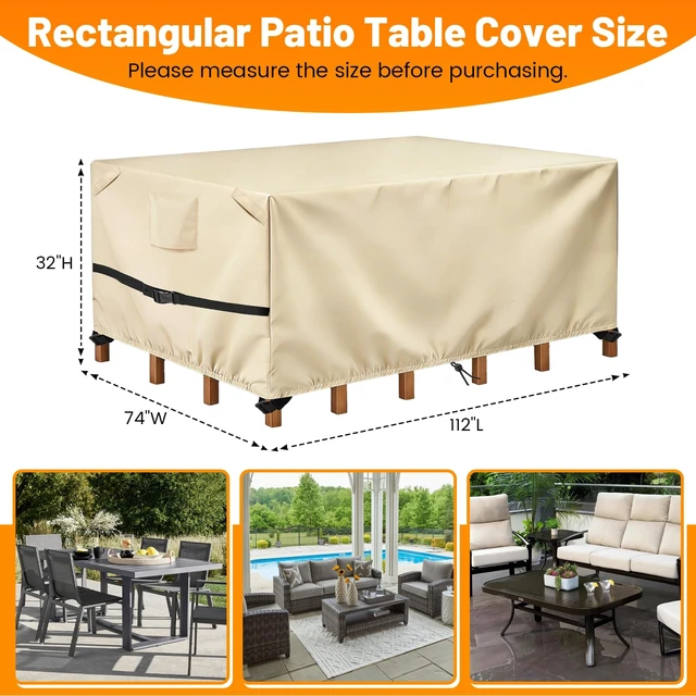 Alt view image 2 of 7 - POMER Rectangular Patio Furniture Covers,Outdoor Patio Table Cover Beige | 600D Heavy-Duty,Waterproof,Wind Resistant,All-Weather Protection,Table and Chairs Furniture Set Cover,112"L x 74"W x 32"H
