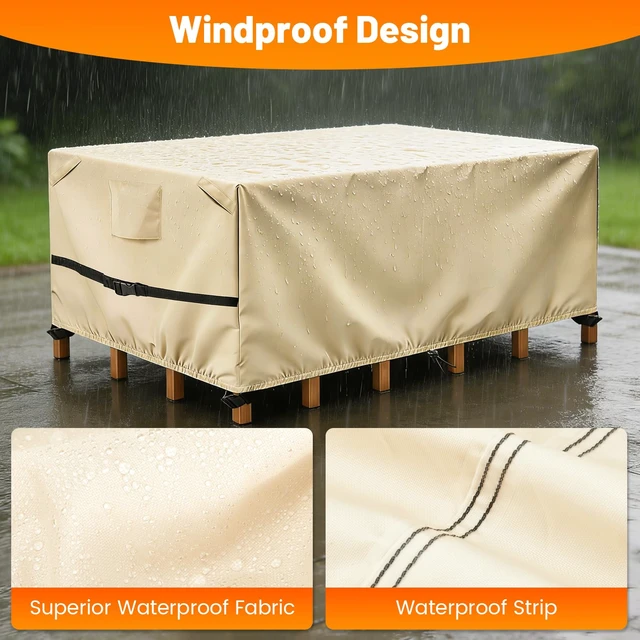 Alt view image 4 of 7 - POMER Rectangular Patio Furniture Covers,Outdoor Patio Table Cover Beige | 600D Heavy-Duty,Waterproof,Wind Resistant,All-Weather Protection,Table and Chairs Furniture Set Cover,112"L x 74"W x 32"H