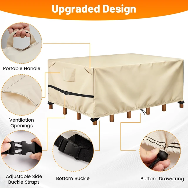 Alt view image 5 of 7 - POMER Rectangular Patio Furniture Covers,Outdoor Patio Table Cover Beige | 600D Heavy-Duty,Waterproof,Wind Resistant,All-Weather Protection,Table and Chairs Furniture Set Cover,112"L x 74"W x 32"H