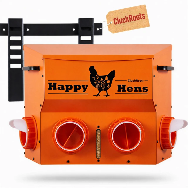 Main image of CluckRoots Wall Mount Chicken Feeder 16-18 Lb Metal Hanging Feeder No Waste | Space-Saving Automatic Feeder - Adjustable Height Bracket 4 Ports Anti Spill, Chicken Coop Accessories for Small Flock