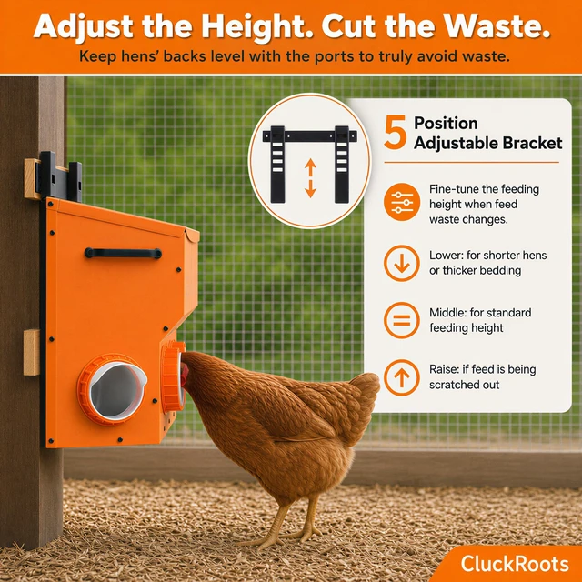Alt view image 3 of 7 - CluckRoots Wall Mount Chicken Feeder 16-18 Lb Metal Hanging Feeder No Waste | Space-Saving Automatic Feeder - Adjustable Height Bracket 4 Ports Anti Spill, Chicken Coop Accessories for Small Flock