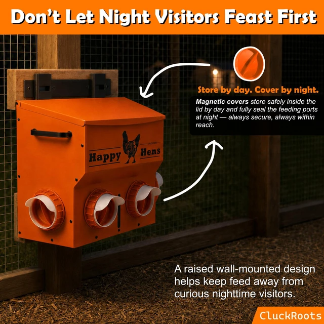Alt view image 4 of 7 - CluckRoots Wall Mount Chicken Feeder 16-18 Lb Metal Hanging Feeder No Waste | Space-Saving Automatic Feeder - Adjustable Height Bracket 4 Ports Anti Spill, Chicken Coop Accessories for Small Flock