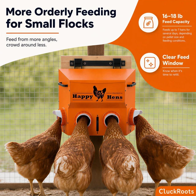 Alt view image 5 of 7 - CluckRoots Wall Mount Chicken Feeder 16-18 Lb Metal Hanging Feeder No Waste | Space-Saving Automatic Feeder - Adjustable Height Bracket 4 Ports Anti Spill, Chicken Coop Accessories for Small Flock