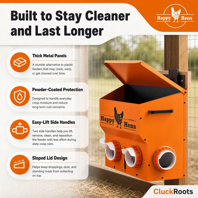 Alt view image 6 of 7 - CluckRoots Wall Mount Chicken Feeder 16-18 Lb Metal Hanging Feeder No Waste | Space-Saving Automatic Feeder - Adjustable Height Bracket 4 Ports Anti Spill, Chicken Coop Accessories for Small Flock