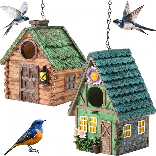 Main image of DoubleFill 2 Pcs Birdhouse for Outside Hanging Bird Houses for Outdoor Colorful Decorative Cute Resin Birdhouses for Outside Indoors Nesting Garden Backyard Decor, for Bird Lovers(Basic)
