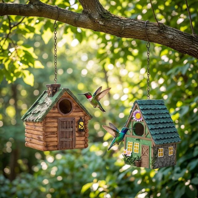 Alt view image 4 of 7 - DoubleFill 2 Pcs Birdhouse for Outside Hanging Bird Houses for Outdoor Colorful Decorative Cute Resin Birdhouses for Outside Indoors Nesting Garden Backyard Decor, for Bird Lovers(Basic)