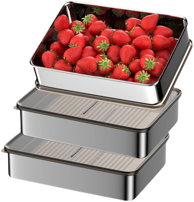 Main image of Hommiya Stainless Steel Food Storage Containers, Silver 3-Piece Set, 140 oz | XL Family Size (Holds 4+ Meal Portions), Press-to-Seal Airtight Lids, Oven Safe 304 Metal Pans (Lids Off), Leakproof