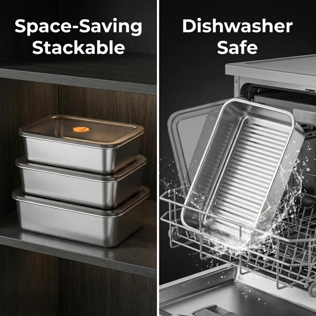 Alt view image 3 of 7 - Hommiya Stainless Steel Food Storage Containers, Silver 3-Piece Set, 140 oz | XL Family Size (Holds 4+ Meal Portions), Press-to-Seal Airtight Lids, Oven Safe 304 Metal Pans (Lids Off), Leakproof