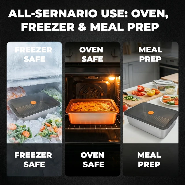 Alt view image 6 of 7 - Hommiya Stainless Steel Food Storage Containers, Silver 3-Piece Set, 140 oz | XL Family Size (Holds 4+ Meal Portions), Press-to-Seal Airtight Lids, Oven Safe 304 Metal Pans (Lids Off), Leakproof