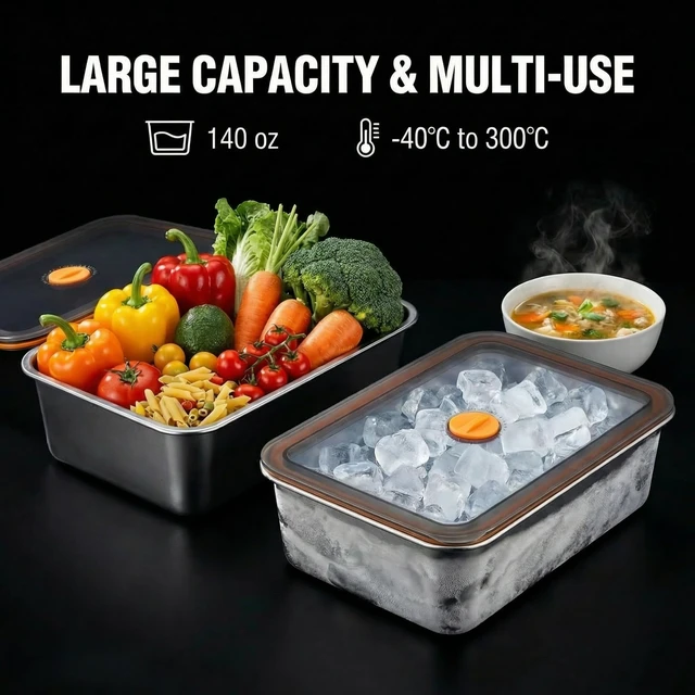 Alt view image 5 of 7 - Hommiya Stainless Steel Food Storage Containers, Silver 3-Piece Set, 140 oz | XL Family Size (Holds 4+ Meal Portions), Press-to-Seal Airtight Lids, Oven Safe 304 Metal Pans (Lids Off), Leakproof