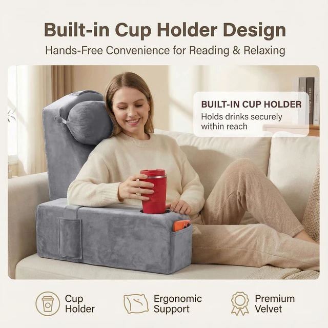 Alt view image 3 of 7 - AS AWESLING 19 INCH Reading Pillow for Adults, Back Pillow for Bed Sitting Up, Backrest Pillow for Sitting in Bed, Detachable Arms with Built-in Cup & Phone Caddy (Gray, 19 INCH)