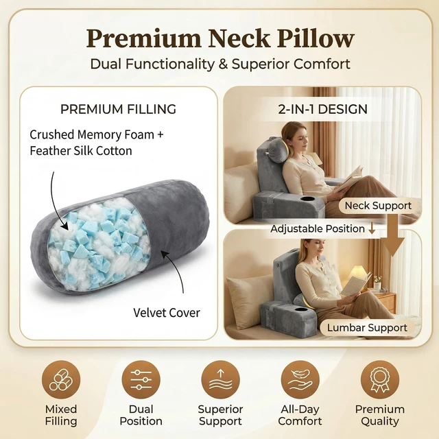 Alt view image 4 of 7 - AS AWESLING 19 INCH Reading Pillow for Adults, Back Pillow for Bed Sitting Up, Backrest Pillow for Sitting in Bed, Detachable Arms with Built-in Cup & Phone Caddy (Gray, 19 INCH)