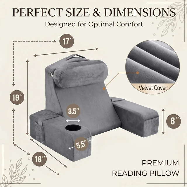 Alt view image 5 of 7 - AS AWESLING 19 INCH Reading Pillow for Adults, Back Pillow for Bed Sitting Up, Backrest Pillow for Sitting in Bed, Detachable Arms with Built-in Cup & Phone Caddy (Gray, 19 INCH)