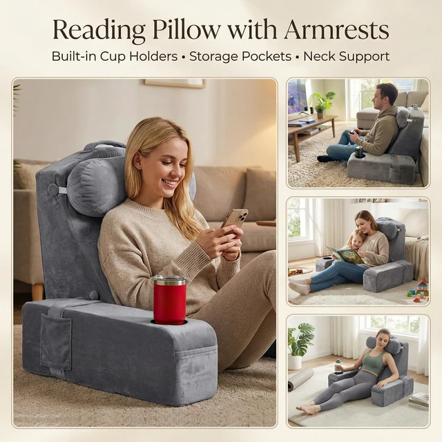 Alt view image 6 of 7 - AS AWESLING 19 INCH Reading Pillow for Adults, Back Pillow for Bed Sitting Up, Backrest Pillow for Sitting in Bed, Detachable Arms with Built-in Cup & Phone Caddy (Gray, 19 INCH)