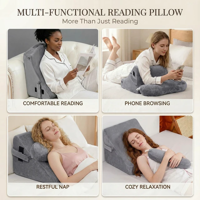 Alt view image 7 of 7 - AS AWESLING 19 INCH Reading Pillow for Adults, Back Pillow for Bed Sitting Up, Backrest Pillow for Sitting in Bed, Detachable Arms with Built-in Cup & Phone Caddy (Gray, 19 INCH)