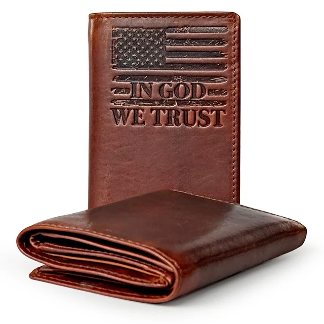 Alt view image 3 of 7 - MID WEST RANGE Men Trifold Wallet the Patriot - American Flag Leather | Full Grain Cowhide, In God We Trust Engraving, RFID Protected, 6 Card Slots, 2 Bill Compartments, ID Window, 4.7 x 3.5 in