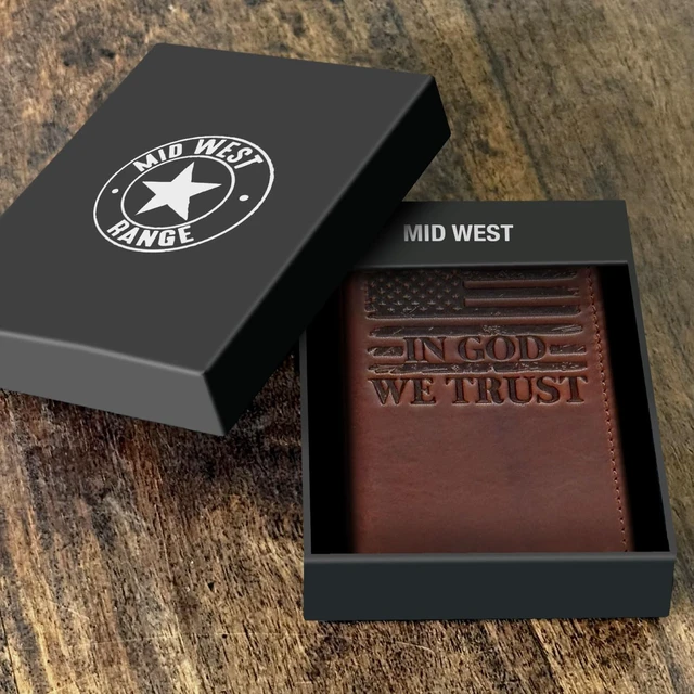 Alt view image 4 of 7 - MID WEST RANGE Men Trifold Wallet the Patriot - American Flag Leather | Full Grain Cowhide, In God We Trust Engraving, RFID Protected, 6 Card Slots, 2 Bill Compartments, ID Window, 4.7 x 3.5 in