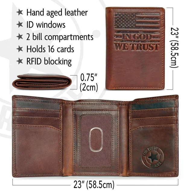 Alt view image 5 of 7 - MID WEST RANGE Men Trifold Wallet the Patriot - American Flag Leather | Full Grain Cowhide, In God We Trust Engraving, RFID Protected, 6 Card Slots, 2 Bill Compartments, ID Window, 4.7 x 3.5 in