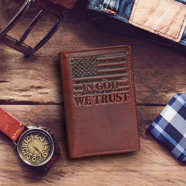 Alt view image 6 of 7 - MID WEST RANGE Men Trifold Wallet the Patriot - American Flag Leather | Full Grain Cowhide, In God We Trust Engraving, RFID Protected, 6 Card Slots, 2 Bill Compartments, ID Window, 4.7 x 3.5 in