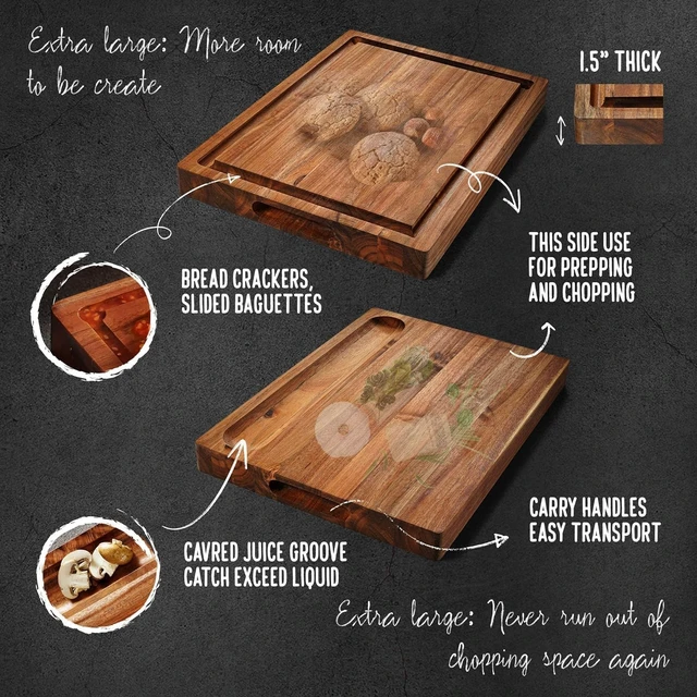 Alt view image 2 of 7 - XL Acacia Wood Cutting Board (20x15x1.5in) and Wooden Butcher Block, Chopping Board-Reversible Multipurpose For Meat, Cheese Board, Vegetables, Bread with Juice Groove, Cracker Holder & Inner Handles