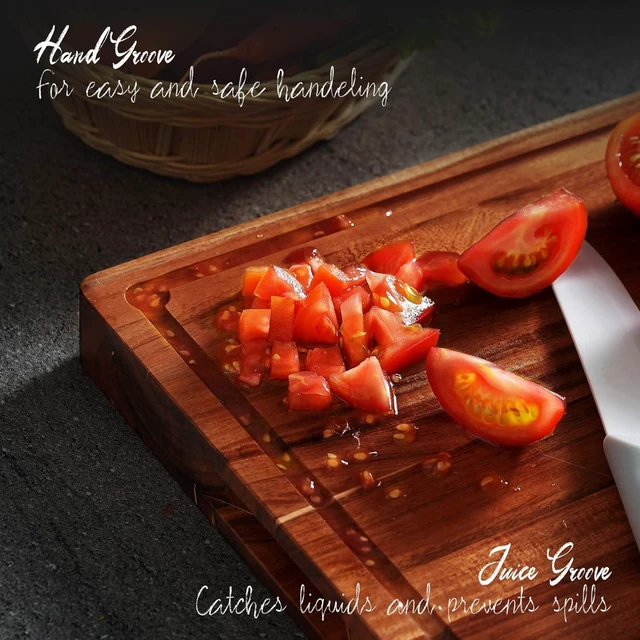Alt view image 5 of 7 - XL Acacia Wood Cutting Board (20x15x1.5in) and Wooden Butcher Block, Chopping Board-Reversible Multipurpose For Meat, Cheese Board, Vegetables, Bread with Juice Groove, Cracker Holder & Inner Handles