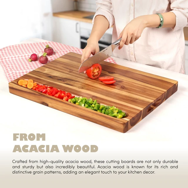 Alt view image 6 of 7 - XL Acacia Wood Cutting Board (20x15x1.5in) and Wooden Butcher Block, Chopping Board-Reversible Multipurpose For Meat, Cheese Board, Vegetables, Bread with Juice Groove, Cracker Holder & Inner Handles