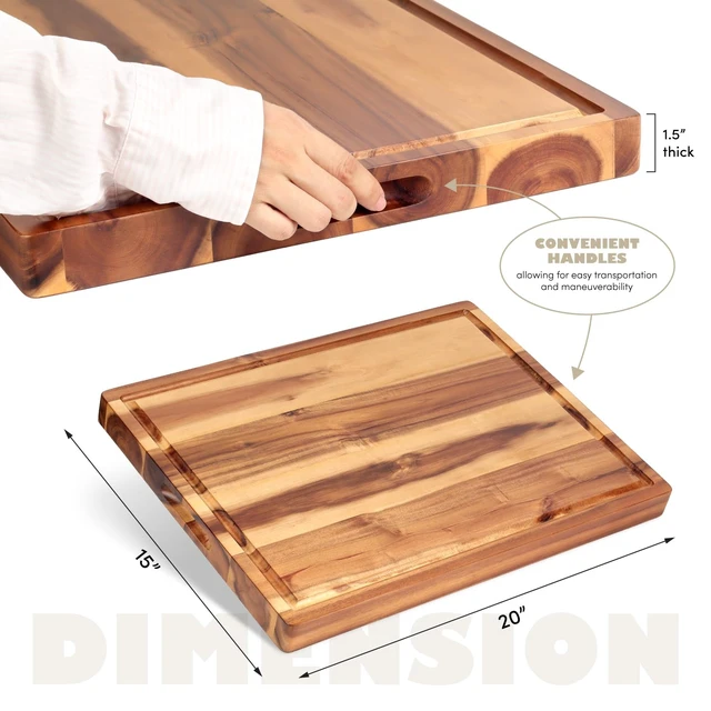 Alt view image 7 of 7 - XL Acacia Wood Cutting Board (20x15x1.5in) and Wooden Butcher Block, Chopping Board-Reversible Multipurpose For Meat, Cheese Board, Vegetables, Bread with Juice Groove, Cracker Holder & Inner Handles