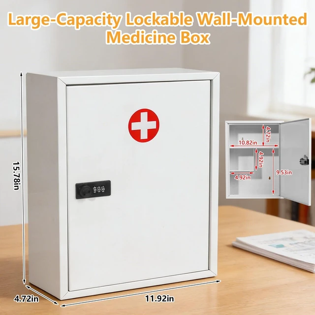 Alt view image 3 of 7 - Risirica Wall Mount Medicine Cabinet with Combination Lock,Locking Medicine Cabinet,Locking First Aid Cabinet,Secure Steel Wall Cabinet Metal Storage Box for Home,School,Business