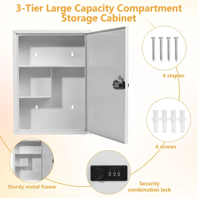 Alt view image 4 of 7 - Risirica Wall Mount Medicine Cabinet with Combination Lock,Locking Medicine Cabinet,Locking First Aid Cabinet,Secure Steel Wall Cabinet Metal Storage Box for Home,School,Business