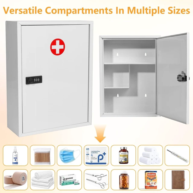 Alt view image 7 of 7 - Risirica Wall Mount Medicine Cabinet with Combination Lock,Locking Medicine Cabinet,Locking First Aid Cabinet,Secure Steel Wall Cabinet Metal Storage Box for Home,School,Business