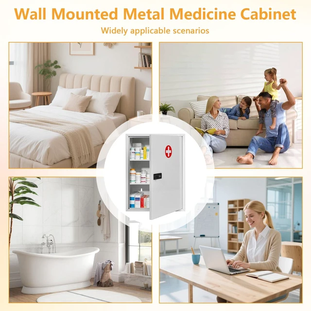 Alt view image 5 of 7 - Risirica Wall Mount Medicine Cabinet with Combination Lock,Locking Medicine Cabinet,Locking First Aid Cabinet,Secure Steel Wall Cabinet Metal Storage Box for Home,School,Business
