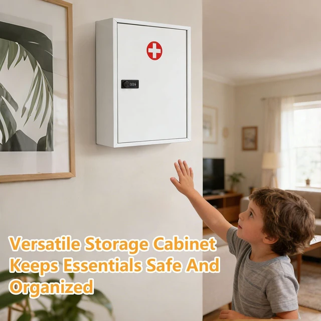 Alt view image 2 of 7 - Risirica Wall Mount Medicine Cabinet with Combination Lock,Locking Medicine Cabinet,Locking First Aid Cabinet,Secure Steel Wall Cabinet Metal Storage Box for Home,School,Business