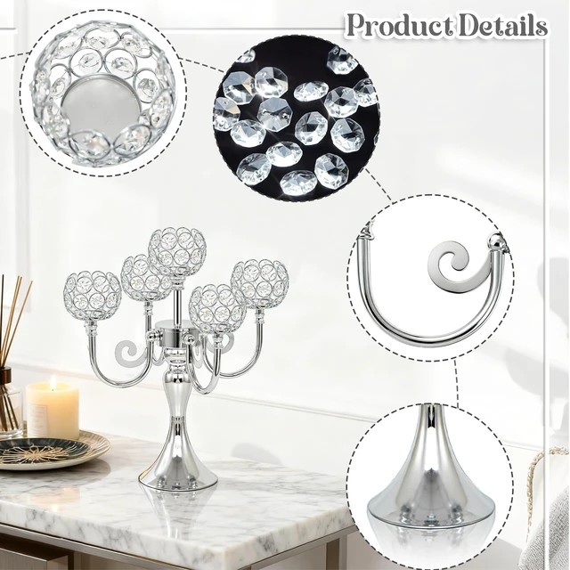 Alt view image 2 of 7 - 5 Arm Metal Crystal Candelabra Centerpiece - 13.4 Inch Elegant Candle Holder with Crystal Beads for Wedding Party Christmas Home Dining Table Decoration (2, Silver)