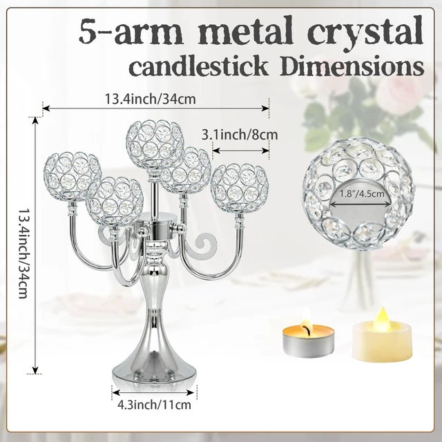 Alt view image 3 of 7 - 5 Arm Metal Crystal Candelabra Centerpiece - 13.4 Inch Elegant Candle Holder with Crystal Beads for Wedding Party Christmas Home Dining Table Decoration (2, Silver)