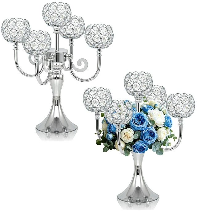 Main image of 5 Arm Metal Crystal Candelabra Centerpiece - 13.4 Inch Elegant Candle Holder with Crystal Beads for Wedding Party Christmas Home Dining Table Decoration (2, Silver)