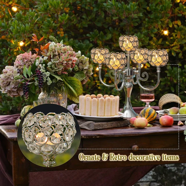 Alt view image 4 of 7 - 5 Arm Metal Crystal Candelabra Centerpiece - 13.4 Inch Elegant Candle Holder with Crystal Beads for Wedding Party Christmas Home Dining Table Decoration (2, Silver)