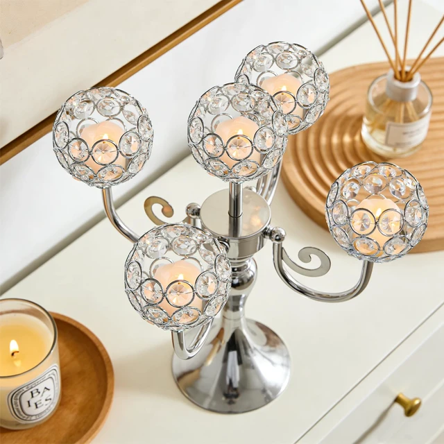 Alt view image 5 of 7 - 5 Arm Metal Crystal Candelabra Centerpiece - 13.4 Inch Elegant Candle Holder with Crystal Beads for Wedding Party Christmas Home Dining Table Decoration (2, Silver)