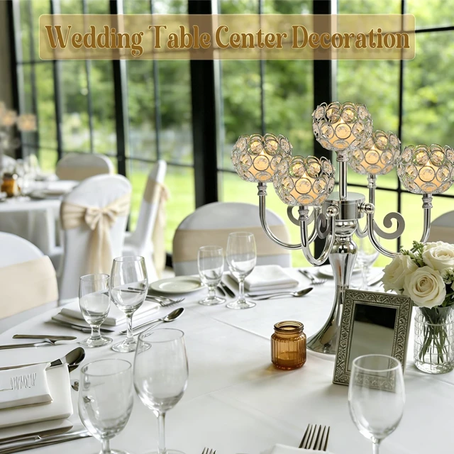 Alt view image 6 of 7 - 5 Arm Metal Crystal Candelabra Centerpiece - 13.4 Inch Elegant Candle Holder with Crystal Beads for Wedding Party Christmas Home Dining Table Decoration (2, Silver)