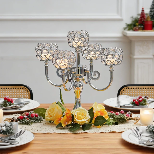 Alt view image 7 of 7 - 5 Arm Metal Crystal Candelabra Centerpiece - 13.4 Inch Elegant Candle Holder with Crystal Beads for Wedding Party Christmas Home Dining Table Decoration (2, Silver)