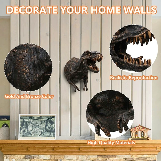 Alt view image 3 of 7 - Marimu Polyresin Dinosaur Wall Bust, 12.2"H T-rex Sculpture, Copper Color, Wall Hanging Home Decor